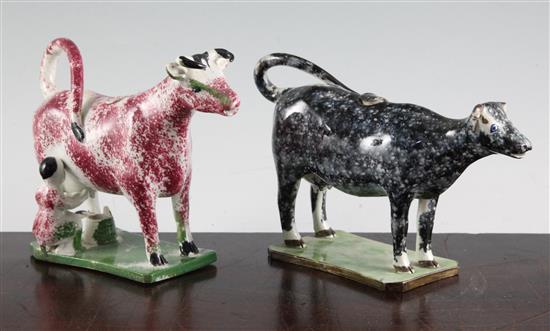 Two Yorkshire type pearlware cow creamers, c.1820, length 20cm, some faults